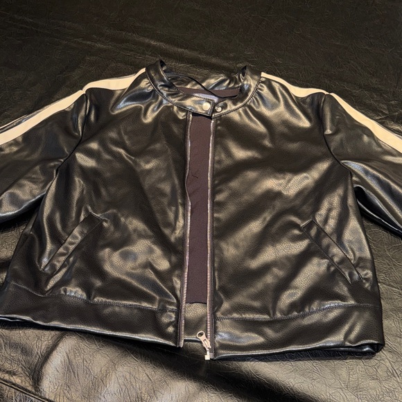 Democracy Jackets & Blazers - Democracy Black Faux Leather Jacket with Tan Stripes, size L, NWT, Retail $118